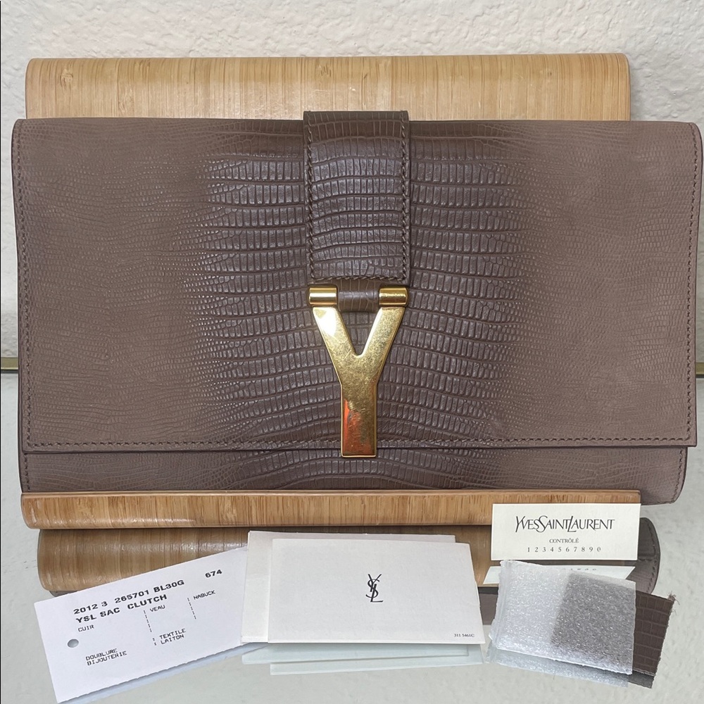 Yves Saint Laurent Taupe Lizard-Embossed Clutch Gold Hardware